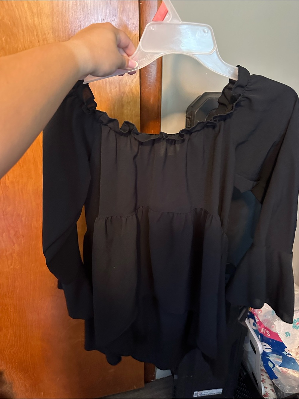 SHEIN Black Ruffle Neck Tiered Blouse